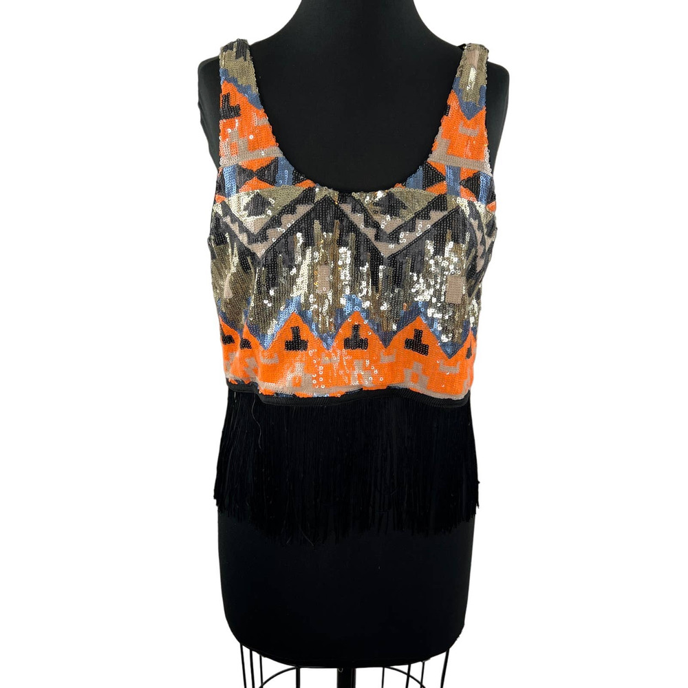 NWT NASTY GAL Silver Orange Geometric Print Sequin Fringe Hem Tank Top Size XL